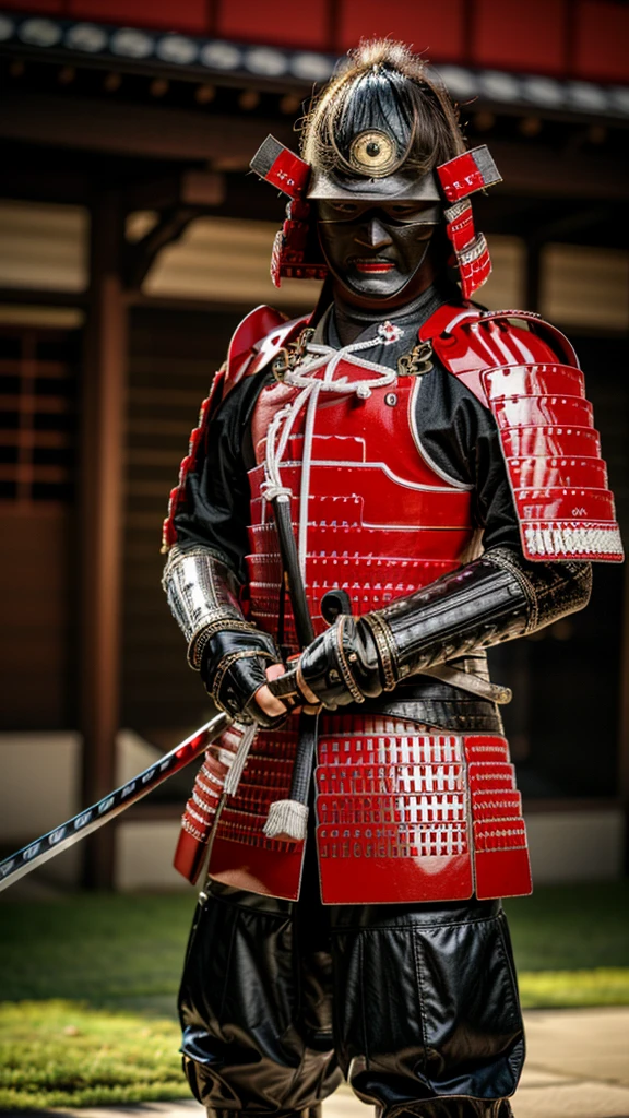 (Best Quality,4K,8K,hight resolution,masutepiece:1.2),Ultra-detailed,(Realistic,Photorealistic,Photorealsitic:1.37),Samurai of feudal Japan in the Sengoku period, Wear samurai armor, Wearing a black samurai mask, Wielding a sharp sword, It exudes a strong sense of intimidation, Glowing red eyes, Mikawa Squire