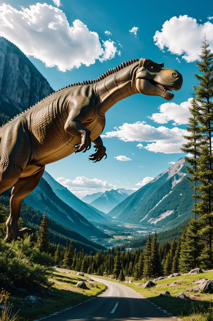 Dinosaur AI cartoon on a background of mountains and trees