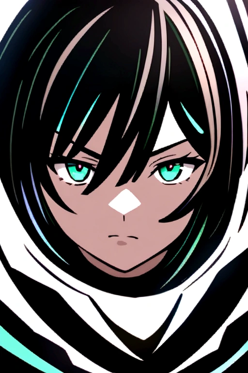 Anime girl short black hair with green eyes and black clothes with small white details