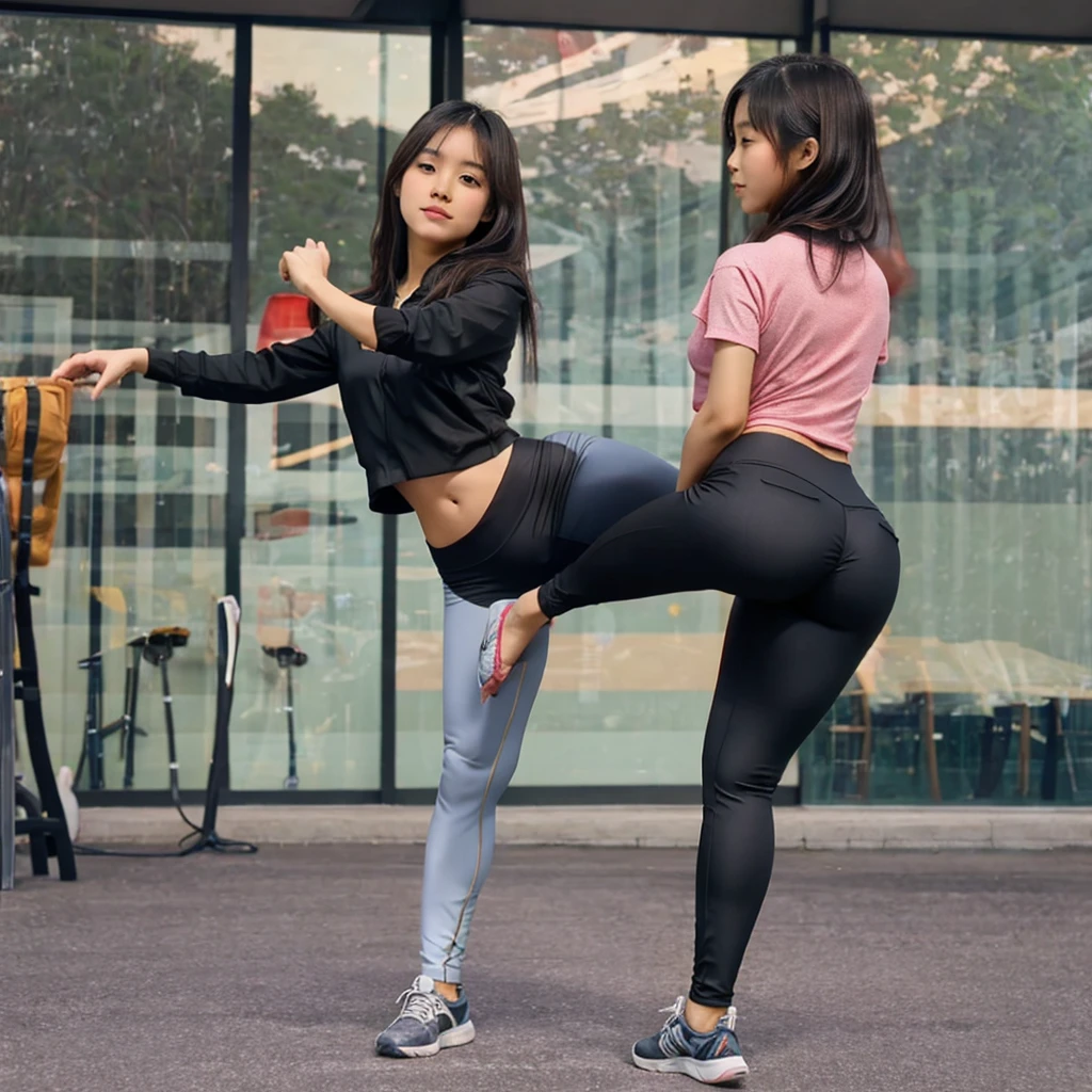 Cute asian girl, hyper realistic, standing splits, tight pants