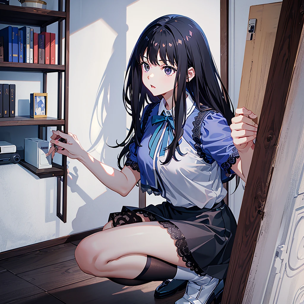 masterpiece, best quality, highres, aatakina, long hair, black hair,office, bookshelf,office lady,milf,
( blue lace sheer shirts:1.3),(short sleeves:1.1),white panties, sheer leggings, shirt, skirt,
squatting,
