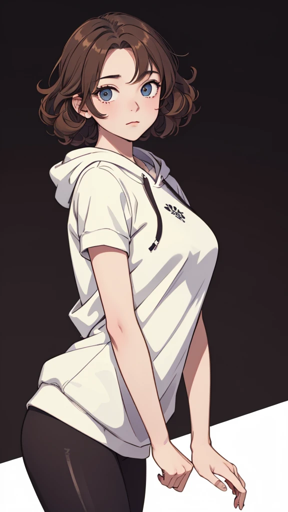 (((masterpiece, best quality, ultra highres, 1 girl, solo, no background))), super detailed skin and face and eyes and finger, beautiful japanese woman, small breasts:1.5, skinny, light brown hair, white background, very short curly hair, (an illustration of girl), Knee shot, Generate with illustrations, Various expressions, Various poses, Please draw the entire character within the frame, ensuring that the head, arms, and legs are not cut off. The background should be simple, with the character positioned centrally, outline, anime, hoodie, curly hair, leggings,