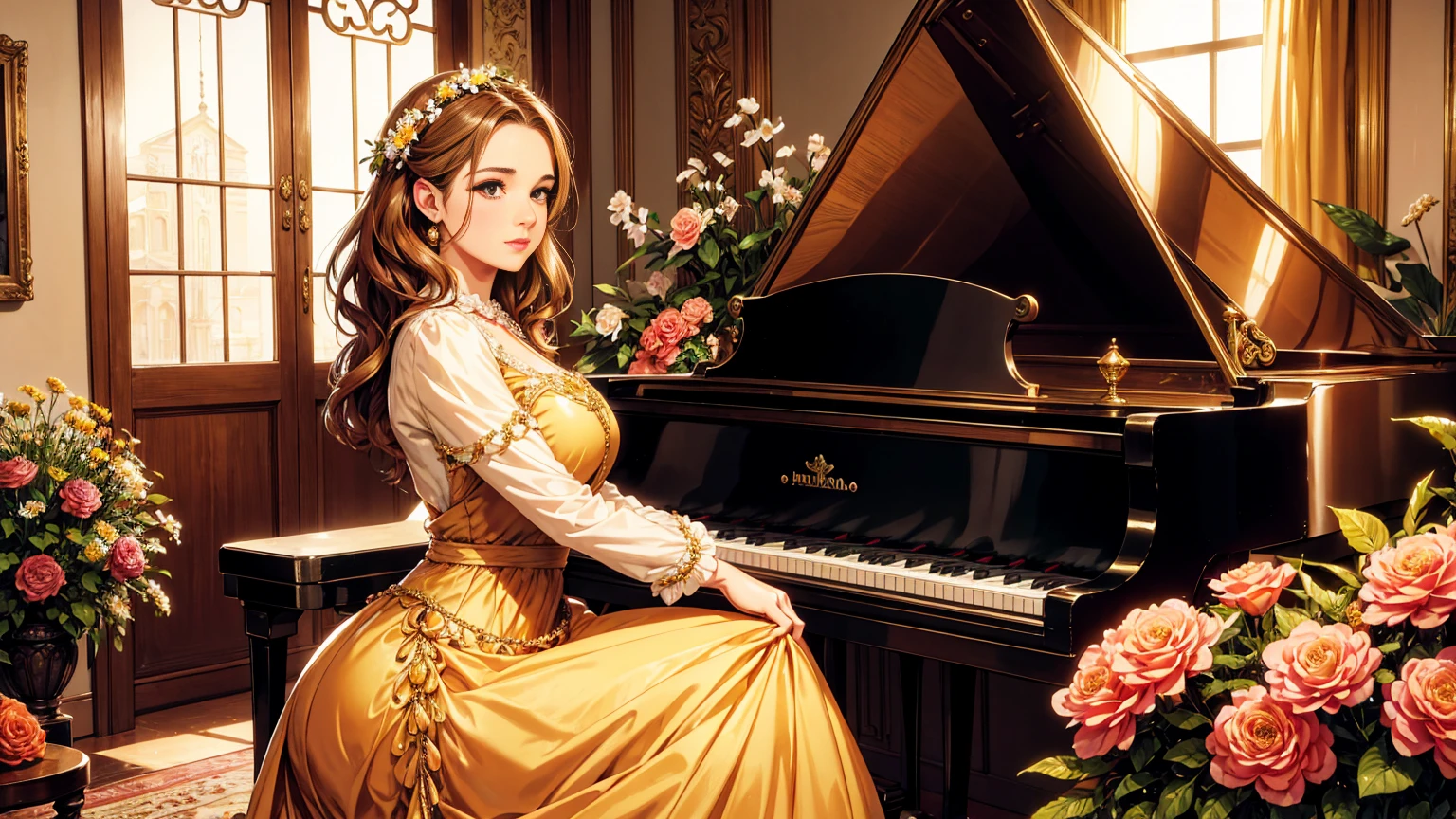 A beutiful realistic scene of a lady in a old fashioned dress; the background is large and vintage, a ancient house with a golden piano and a lot of flowers; masterpiece; perfect face;