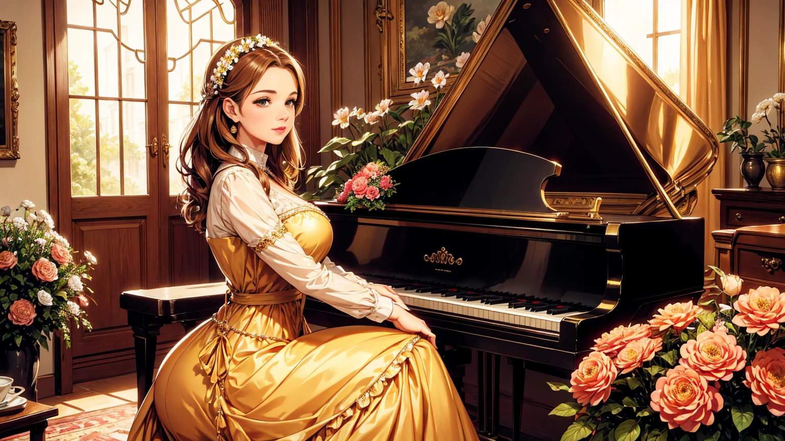 A beutiful realistic scene of a lady in a old fashioned dress; the background is large and vintage, a ancient house with a golden piano and a lot of flowers; masterpiece; perfect face;