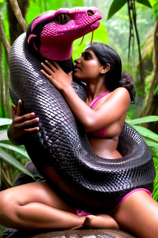 Topless pink bikini wearing aroused horny beautiful happy indian girl vs Giant black anaconda monster wrapped around her body squeezing her in coiled embrace cuddling and kissing sexual erotic bestiality sex realistic in the rainforest full body, best quality wet