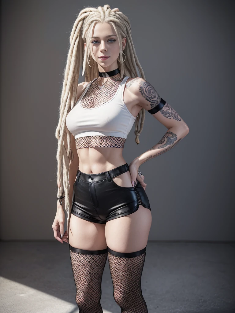 ((best quality)), ((4k)), ((highres)), ((masterpiece:1.2)). ((detailed)), ((ultra realistic)), ((intricate details)), ((full body picture)), ((character design sheet)), a full body picture of a beautifull norwegian female, scandinavian woman, pale skin, ((emphasis on her pale skin)), ((standing in a relaxed pose)), ((blank background)), ((relaxed vibes)), a warm smile on her face, ((a warm smile)), perfect face, gorgeous face, ((vivid blue eyes)) detailed eyes, detailed lips, ((no makeup)), ((nose ring)), 35 years old, ((balzacian woman)), about 6'0 tall, white woman with short platinum blonde dreadlocks up to her shoulders, ((emphasis on white woman with short platinum blonde dreadlocks up to her shoulders)), ((platinum blonde rasta hairstyle)), ((not too bushy dreadlocks)), ((not skinny looking)), ((powerlifter body)), ((tattoos on both her arms)), ((black finger nails)), dressed in a ((black short-sleeve crop top)), midriff ((FLAT ABS)), she's wearing ((fishnet tights under her high waisted black booty shorts)), ((black leather booties with no heels)), ((black choker))