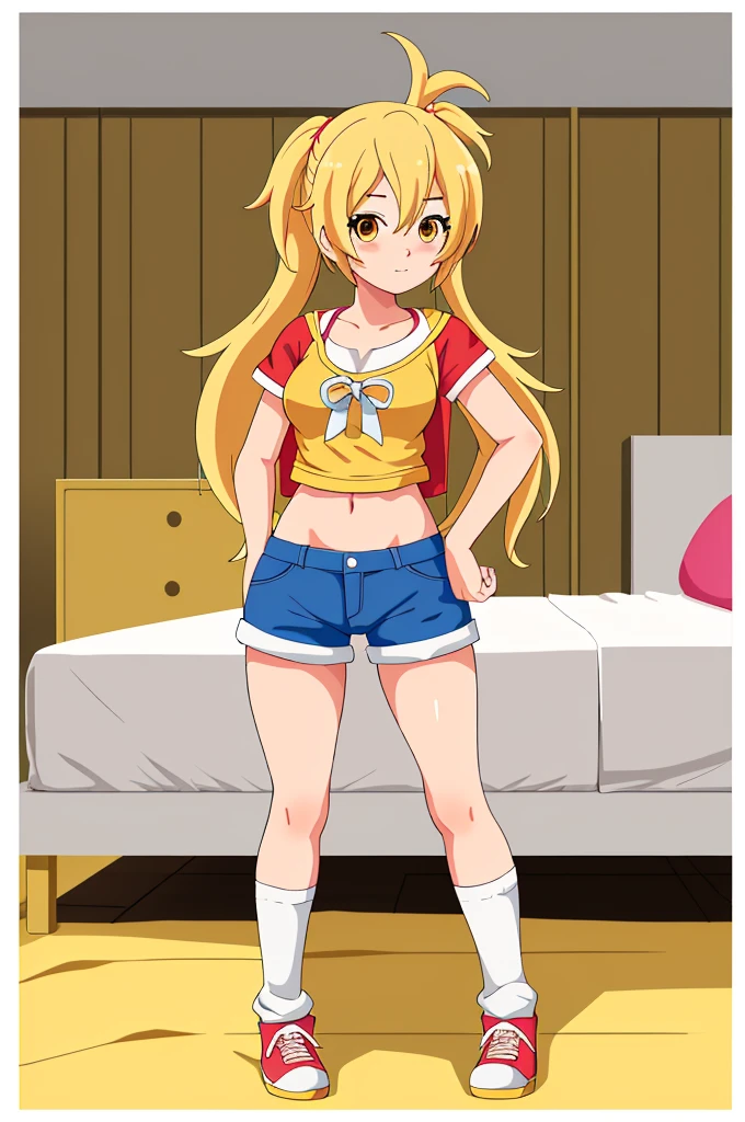 Chica anime in short shorts standing in front of a bed, estilo anime 4k, seductive Chica anime, estilo artístico anime moe, cute Chica anime, young Chica anime, (Chica anime), anime visual de una linda chica, an Chica anime, pretty Chica anime, Chica anime, attractive Chica anime, beautiful Chica anime, pintado en estudio de pintor anime