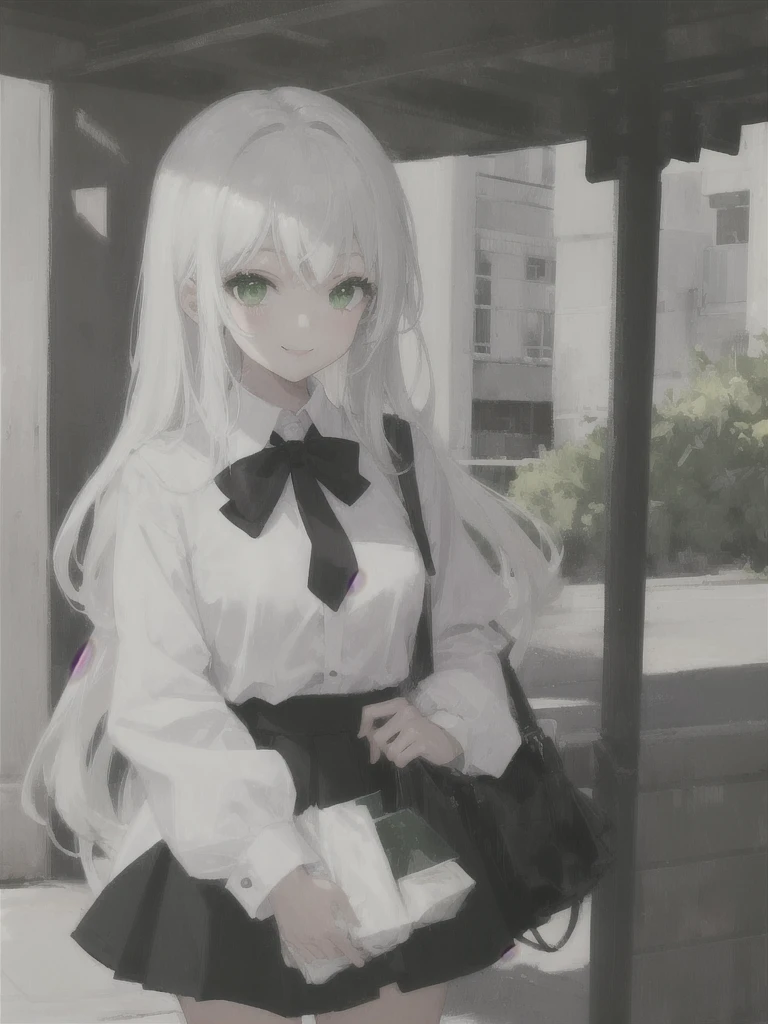 1girl, white long hair, green eyes, black , White shirt, black tie, black skirt, smile,