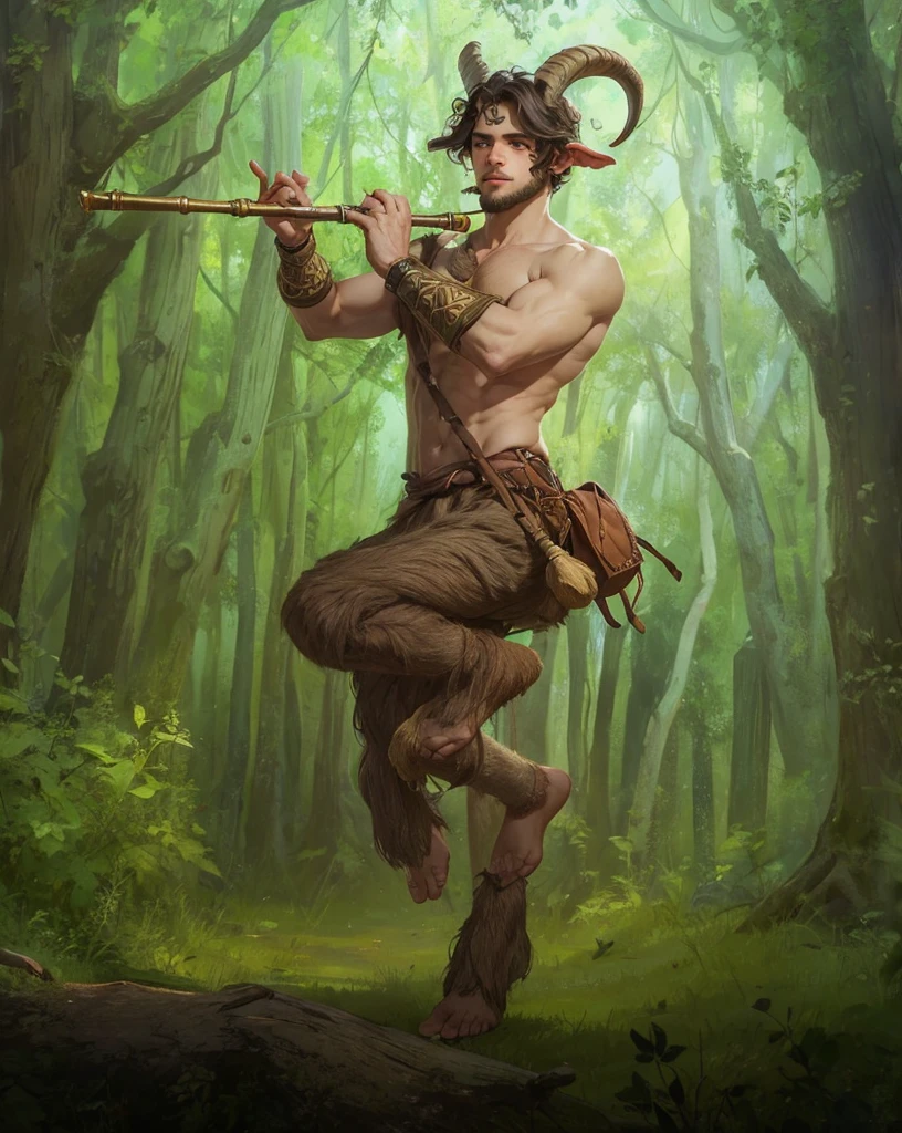 young male satyr playing a flute in a tavern, human face, goat legs, flute