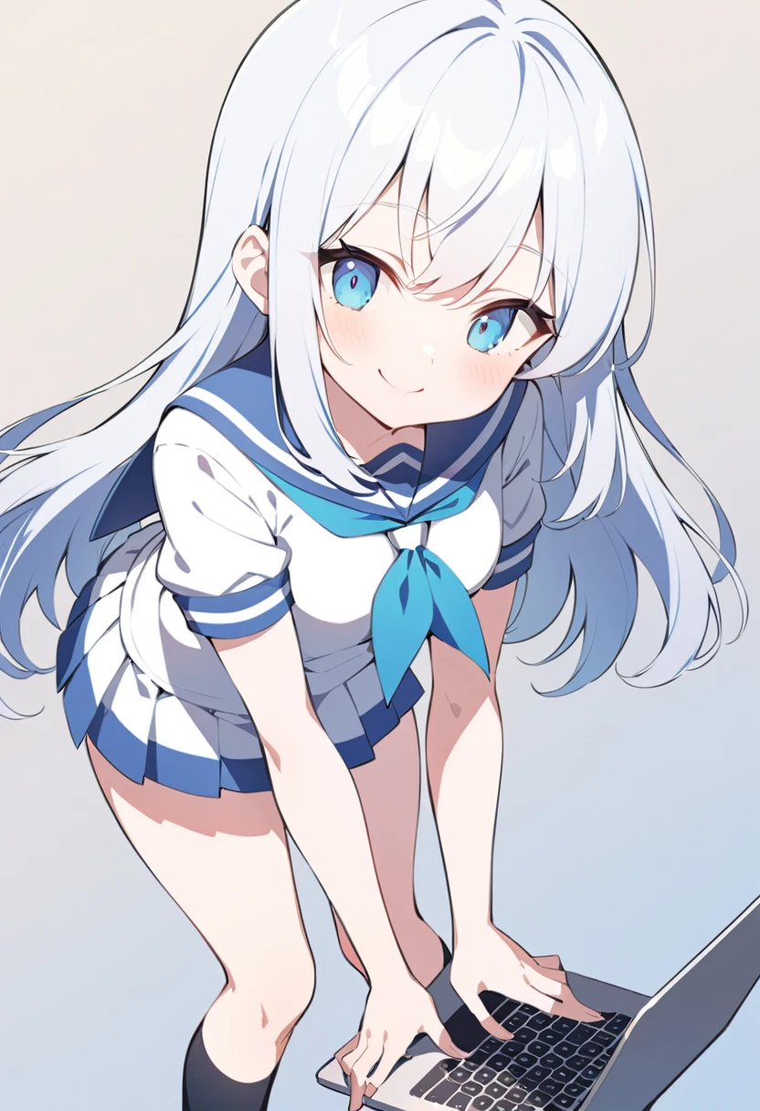 An anime-style young girl, a plain white long T-shirt sailor uniform reaching to her knees, standing straight, holding a laptop PC, smiling.