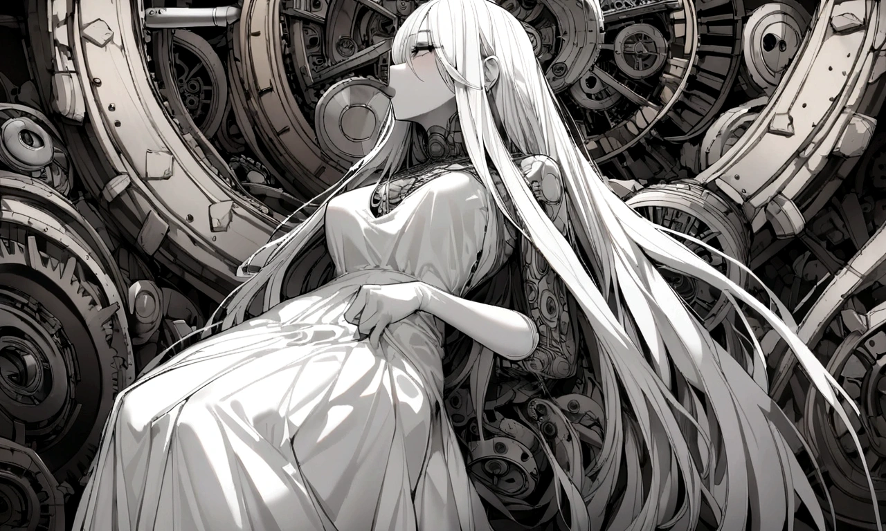 black and white drawing, giant clockwork background, beautiful woman 1, white long straight hair, white hair, wearing a white dress, get sucked in, 기계로 get sucked in, be sucked into a machine, seep into the machine