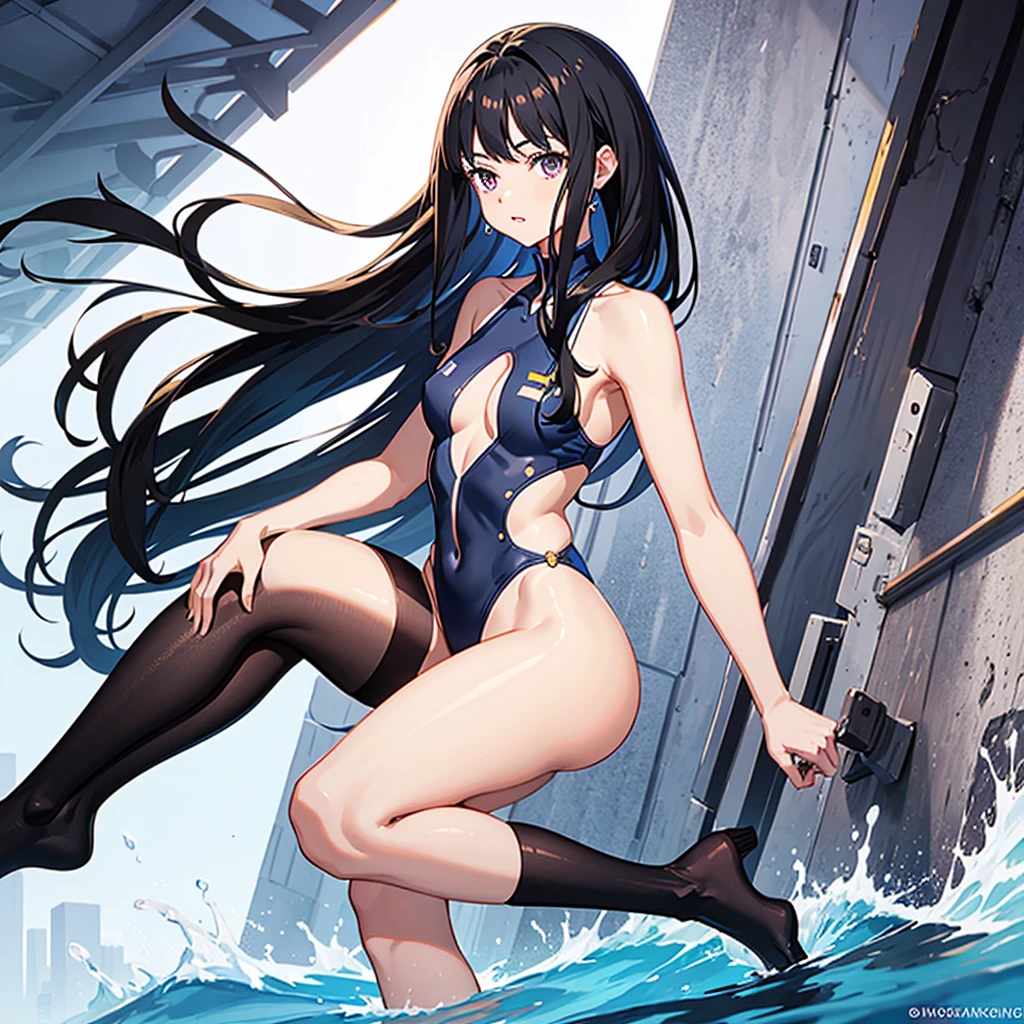 masterpiece, best quality, highres, aatakina, long hair, black hair,one-piece swimsuit,clothing cutout,competition swimsuit,collarbone,(highleg:1.3),pool