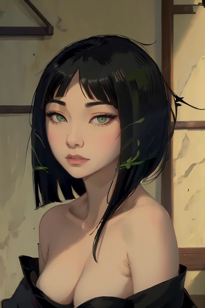 black hair with bangs green eyes Asian,seducing gaze