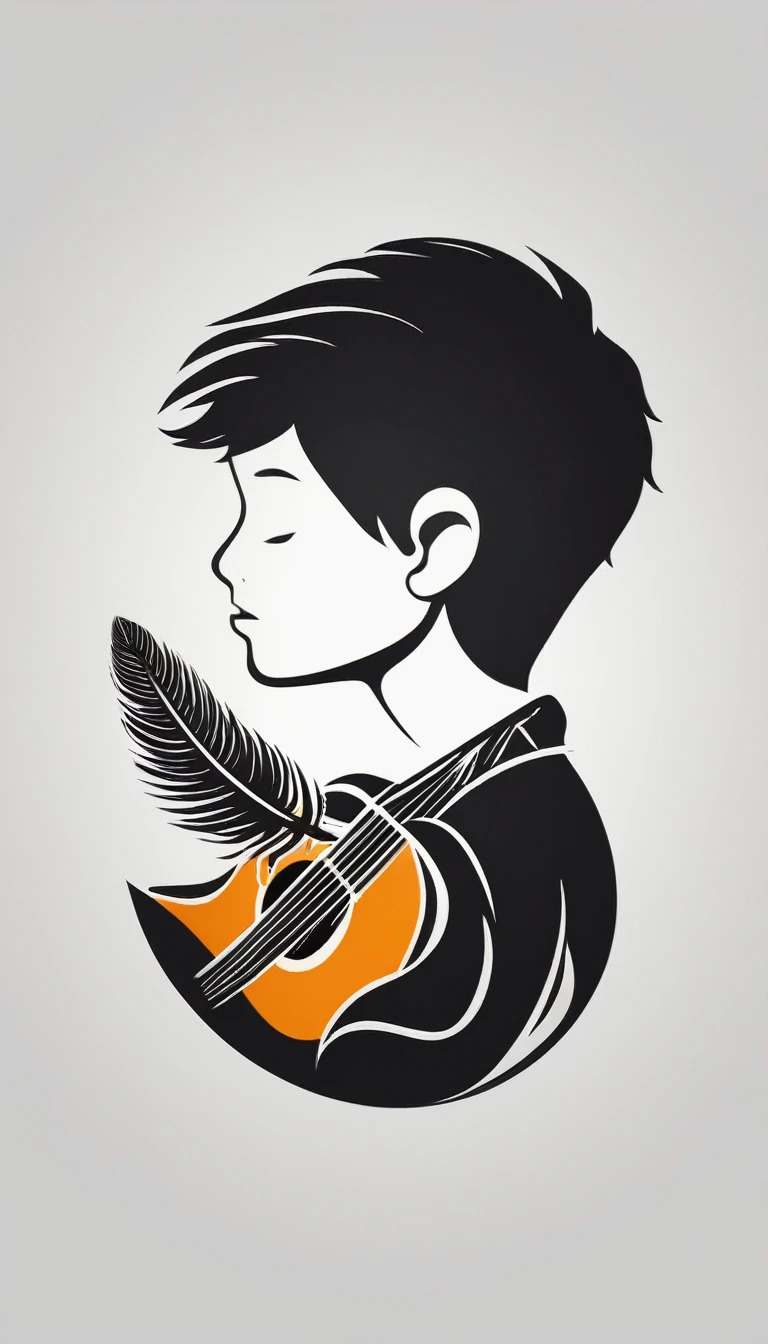 A minimal, modern, simple, cinematic logo design for the brand “Penamemoria". The logotype of a boy with a head of a feather playing acoustic guitar. The logo must convey a sense of music, stories and dreams. Minimalistic logo design of a boy dissolving into a feather of dreams and memories