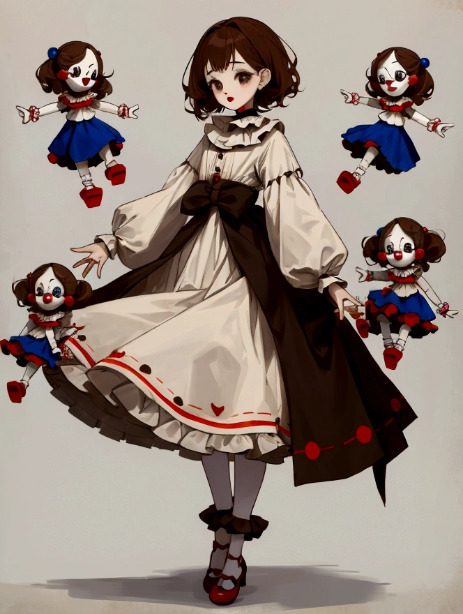 full-length, girl, clown and clown design, puppets, threads, threads, hinges, dolls, short brown hair