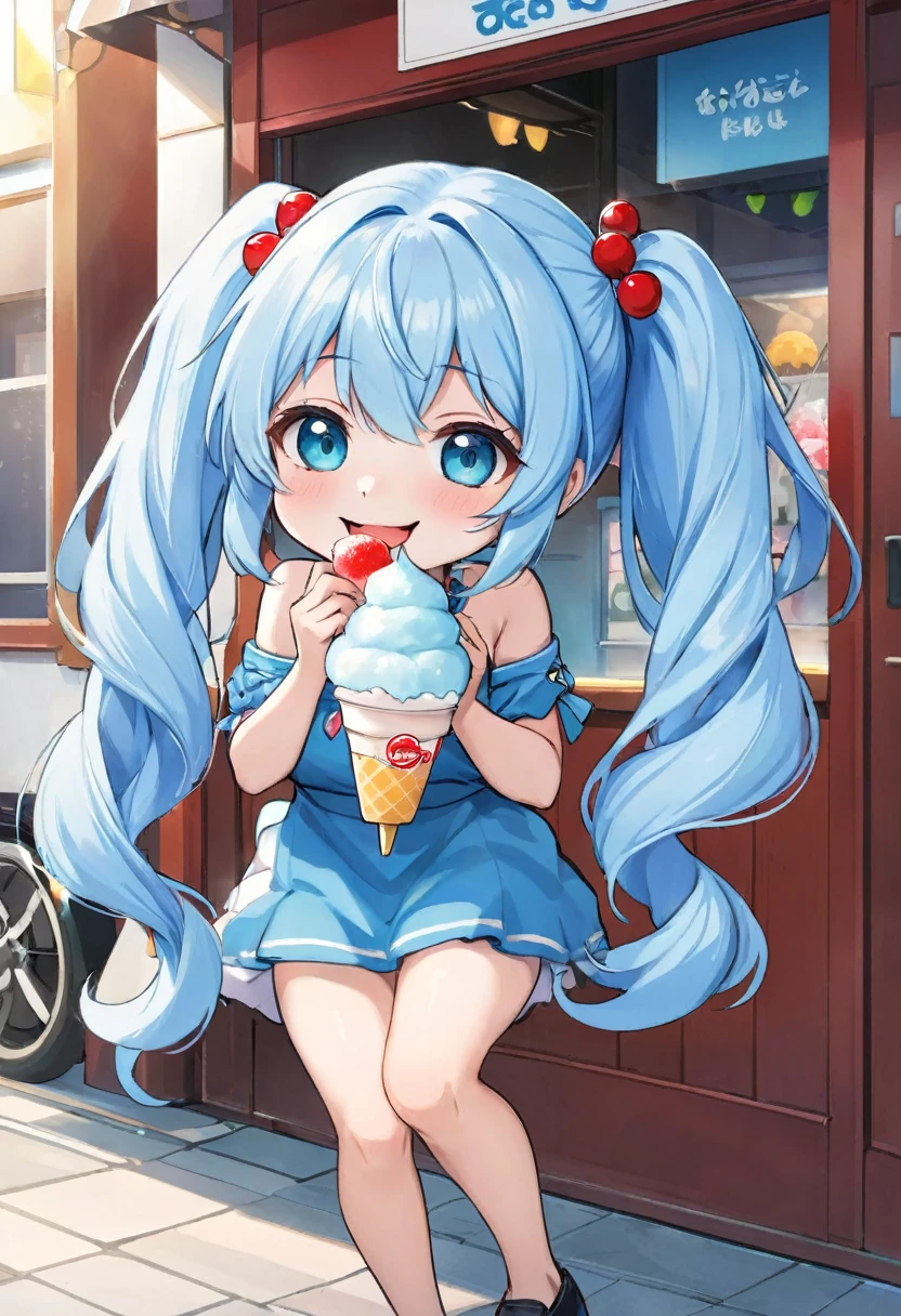 A chibi character biting into a shaved ice bigger than herself, long light blue hair, twin tails, and a bright smile.