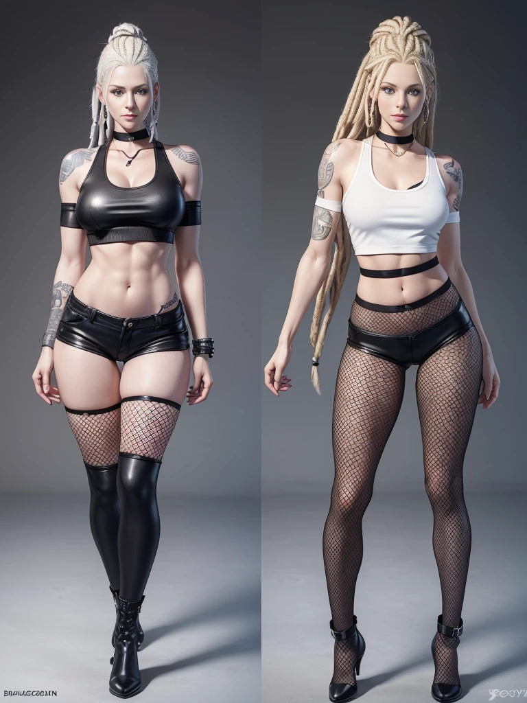 ((best quality)), ((4k)), ((highres)), ((masterpiece:1.2)). ((detailed)), ((ultra realistic)), ((intricate details)), ((full body picture)), ((character design sheet)), a full body picture of a beautifull norwegian female, scandinavian woman, pale skin, ((emphasis on her pale skin)), ((standing in a relaxed pose)), ((blank background)), ((relaxed vibes)), a warm smile on her face, ((a warm smile)), perfect face, gorgeous face, ((vivid blue eyes)) detailed eyes, detailed lips, ((no makeup)), ((nose ring)), 35 years old, ((balzacian woman)), about 6'0 tall, white woman with short platinum blonde dreadlocks up to her shoulders, ((emphasis on white woman with short platinum blonde dreadlocks up to her shoulders)), ((platinum blonde rasta hairstyle)), ((not too bushy dreadlocks)), ((not skinny looking)), ((powerlifter body)), ((tattoos on both her arms)), ((black finger nails)), dressed in a ((black short-sleeve crop top)), midriff ((FLAT ABS)), she's wearing ((fishnet tights under her high waisted black booty shorts)), ((black leather booties with no heels)), ((black choker)), fighting game character concept art, tekken character design, the king of fighters character concept, full bofy, full body concept art, full body art