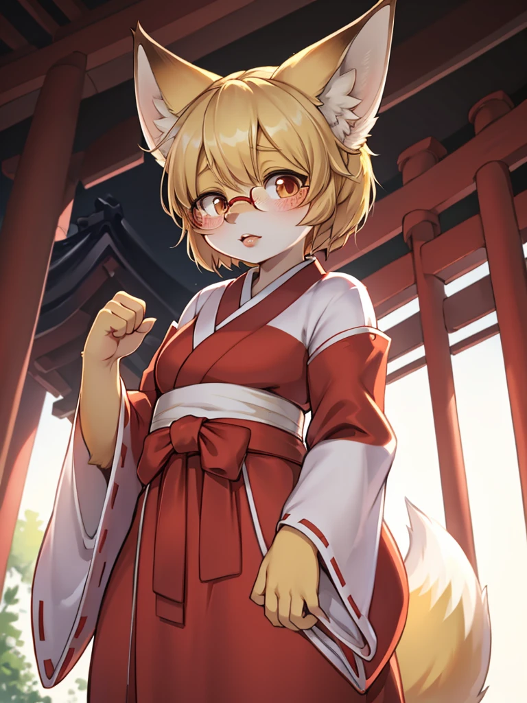 Japanese shrine maiden outfit fox , short blonde hair, freckles, (thick lips), plump, glasses , Confused eyes , gohei