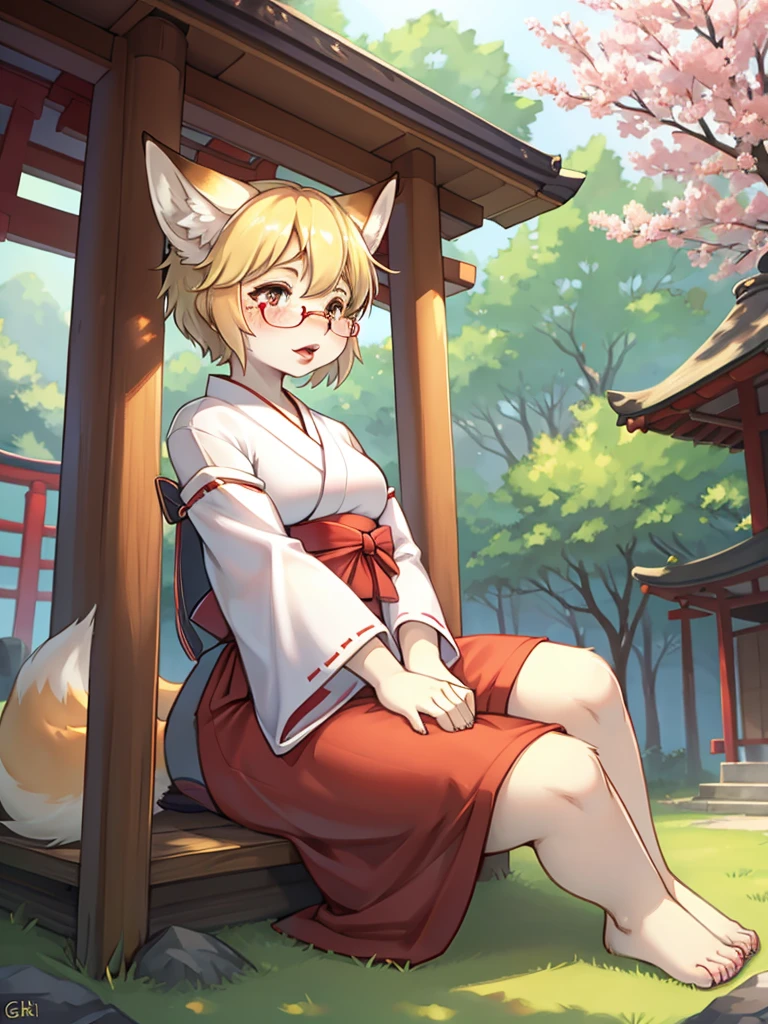 Japanese shrine maiden outfit fox , short blonde hair, freckles, (thick lips), plump, glasses , Confused eyes , gohei