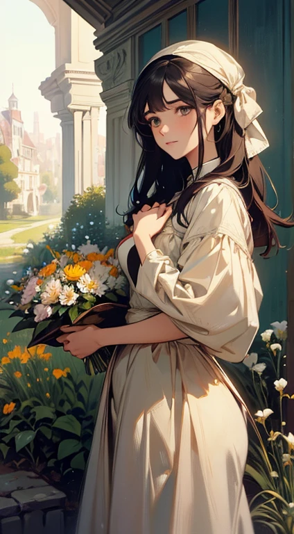 Painting of a woman standing on a hill with flowers in her hands, art by Édouard Bisson, krenzcushart, Opa jeremy lipkin, inspirado em Pierre Auguste Cot, Opa painting style, moebius + Roish + Opa, por Aleksander Gine, Marcos Ariane, inspirado em Cynthia Sheppard