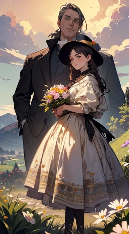 Painting of a woman standing on a hill with flowers in her hands, art by Édouard Bisson, krenzcushart, Opa jeremy lipkin, inspirado em Pierre Auguste Cot, Opa painting style, moebius + Roish + Opa, por Aleksander Gine, Marcos Ariane, inspirado em Cynthia Sheppard