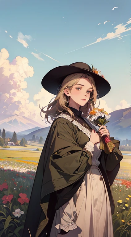 Painting of a woman standing on a hill with flowers in her hands, art by Édouard Bisson, krenzcushart, Opa jeremy lipkin, inspirado em Pierre Auguste Cot, Opa painting style, moebius + Roish + Opa, por Aleksander Gine, Marcos Ariane, inspirado em Cynthia Sheppard