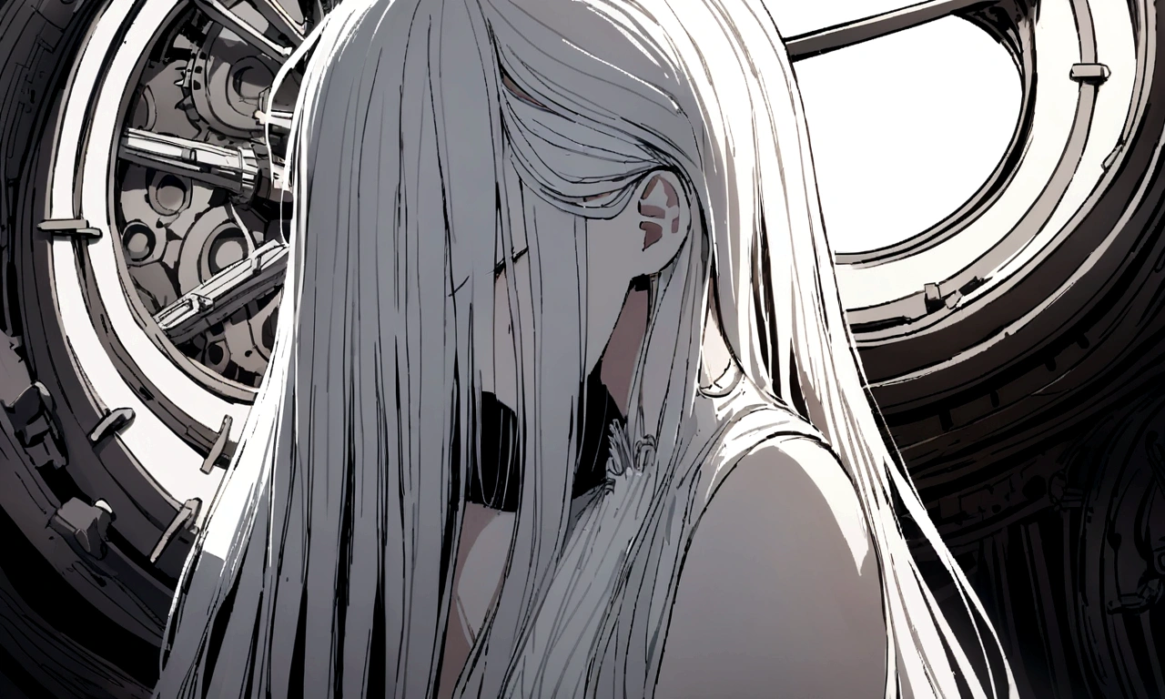 black and white drawing, giant clockwork background, beautiful woman 1, white long straight hair, white hair, wearing a white dress, get sucked in, 기계로 get sucked in, be sucked into a machine, seep into the machine