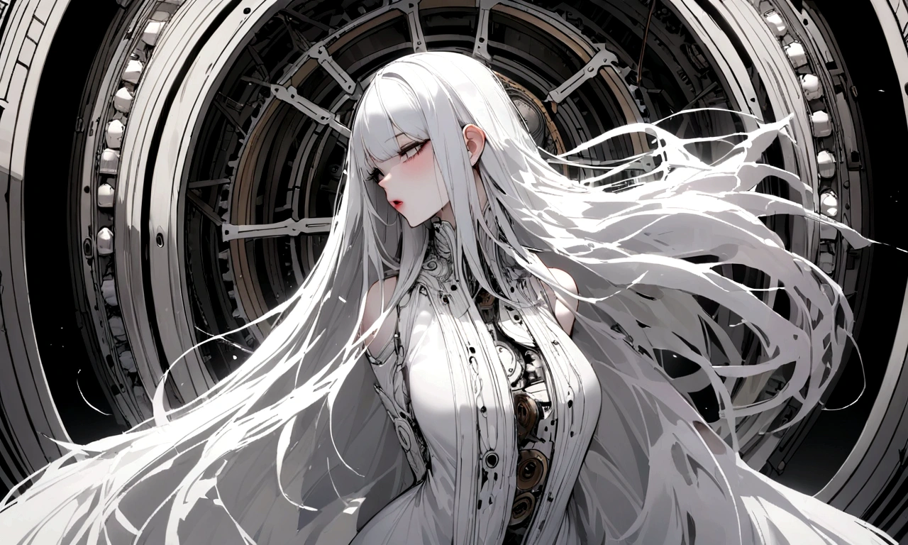 black and white drawing, giant clockwork background, beautiful woman 1, white long straight hair, white hair, wearing a white dress, get sucked in, 기계로 get sucked in, be sucked into a machine, seep into the machine