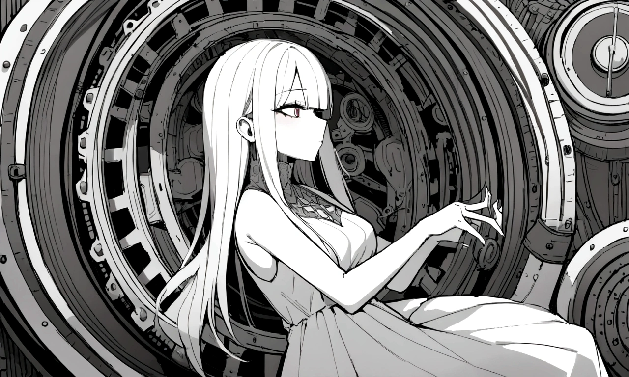 black and white drawing, giant clockwork background, beautiful woman 1, white long straight hair, white hair, wearing a white dress, get sucked in, 기계로 get sucked in, be sucked into a machine, seep into the machine