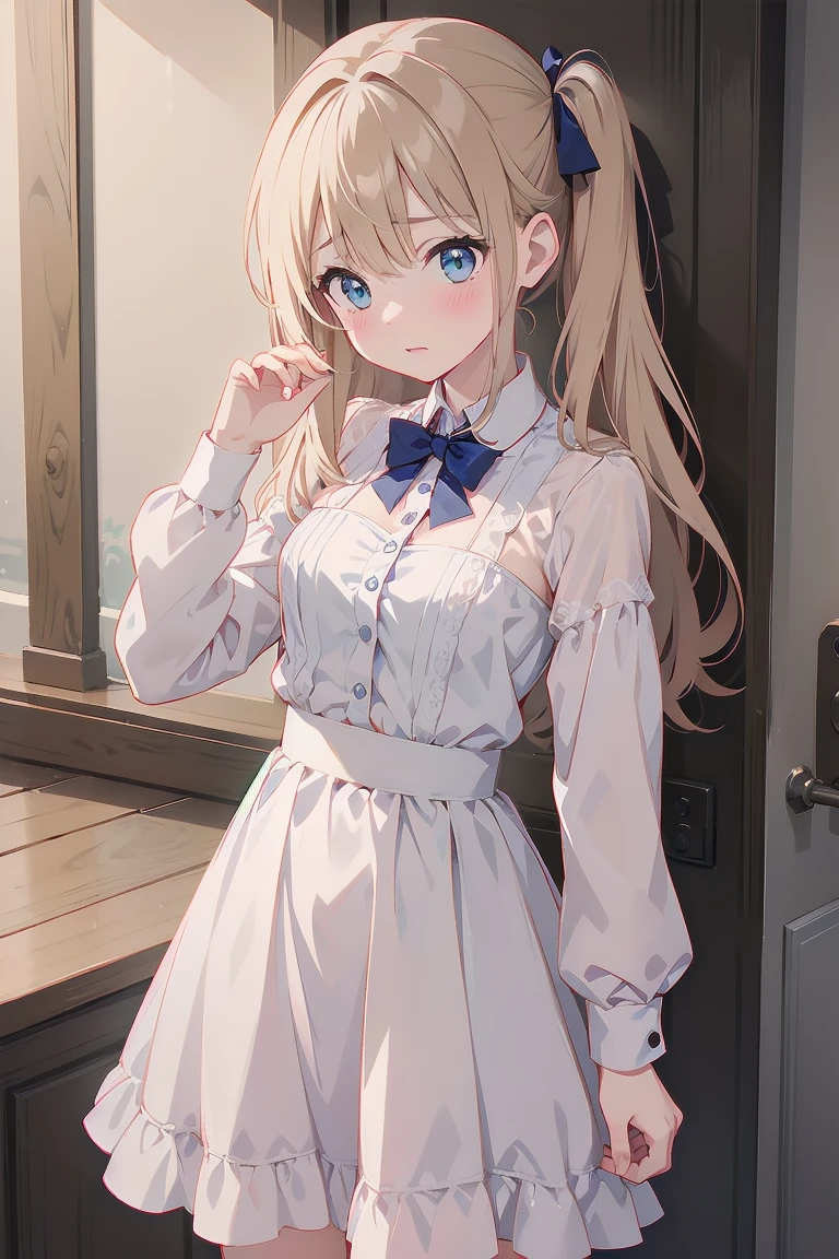 This is the girl's room, decorated in light blue.、1A woman is changing her uniform、There are no lights on so it's dark、Completely naked women、Completely naked、I can see her , navel, pussy, clitoris and labia majora.、Short, fluffy, dark brown lob hairstyle、Small breasts、R-18 illustration、She is blushing with embarrassment、The bra that was taken off is lying on the ground break One man, (man touching woman's breast:1.5), man reaching around woman's back, man kissing woman's neck