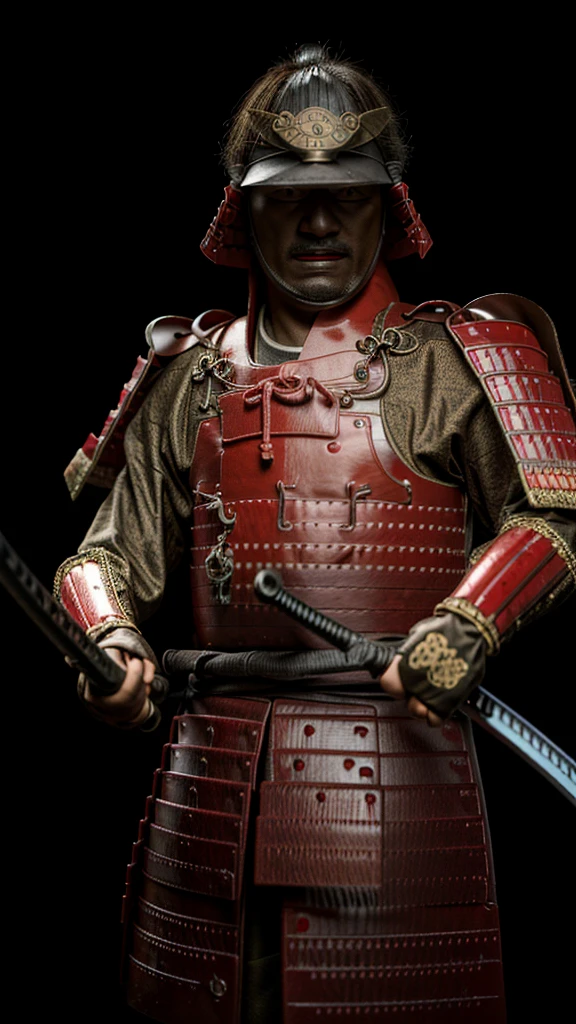 (Best Quality,4K,8K,hight resolution,masutepiece:1.2),Ultra-detailed,(Realistic,Photorealistic,Photorealsitic:1.37),Samurai of feudal Japan in the Sengoku period, Wear samurai armor, Wearing a black samurai mask, Wielding a sharp sword, It exudes a strong sense of intimidation, Glowing red eyes, Mikawa Squire
