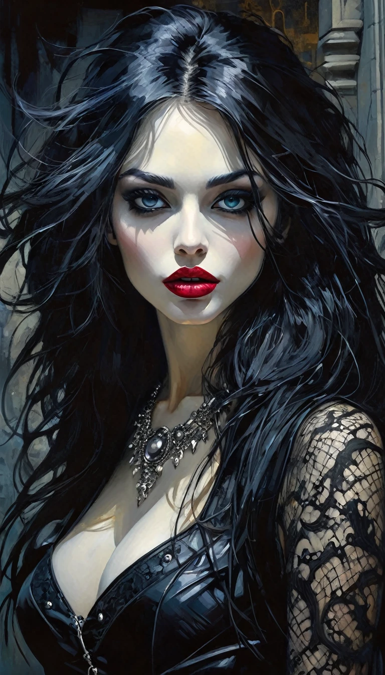 a sexy girl with a punk-gothic appearance and long hair, in the streets of the city of vampires:1.5 , very sexy, (art inspired by Bill Sienkiewicz, oil painting) black and white image (best quality,4k,8k,highres,masterpiece:1.2),ultra-detailed,(realistic,photorealistic,photo-realistic:1.37),intricate details,vivid colors,sharp focus,professional,Dave McKean artwork, oil touch of surrealism,oil painting style,portrait,woman,beautiful detailed eyes,beautiful detailed lips,dreamlike atmosphere,shadow play,soft lighting,playful pose,dark hues,ethereal background,fantasy elements,texture,layered composition.
