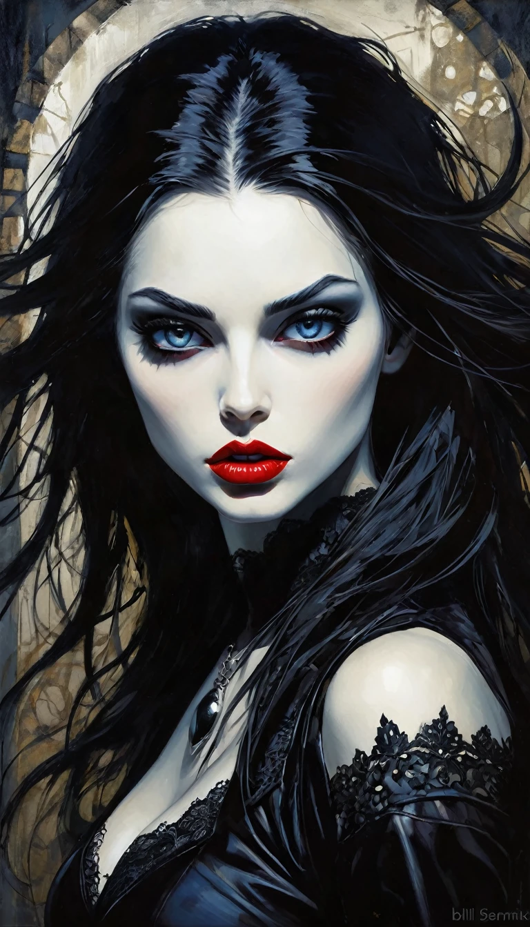 a sexy girl with a punk-gothic appearance and long hair, in the streets of the city of vampires:1.5 , very sexy, (art inspired by Bill Sienkiewicz, oil painting) black and white image (best quality,4k,8k,highres,masterpiece:1.2),ultra-detailed,(realistic,photorealistic,photo-realistic:1.37),intricate details,vivid colors,sharp focus,professional,Dave McKean artwork, oil touch of surrealism,oil painting style,portrait,woman,beautiful detailed eyes,beautiful detailed lips,dreamlike atmosphere,shadow play,soft lighting,playful pose,dark hues,ethereal background,fantasy elements,texture,layered composition.