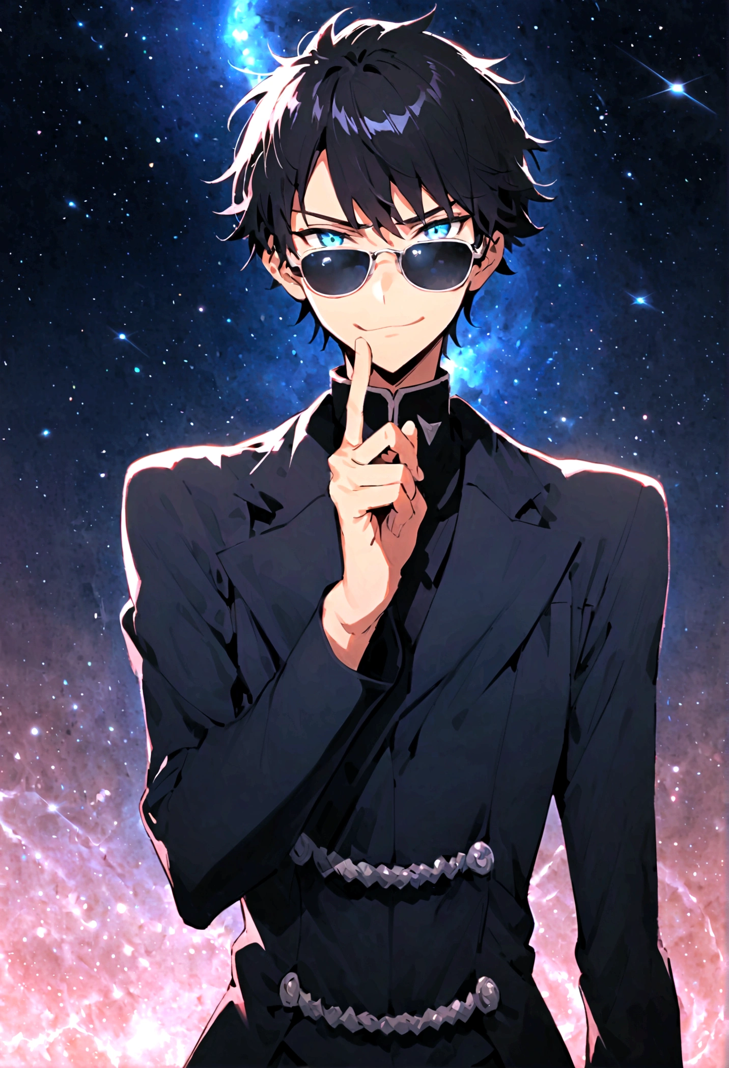 Anime teenager boy who has Black hair with glowing blue eyes that looks like gojo's eyes wearing Jujutsu high uniform first finger crossed over the middle as he takes off his sunglasses while smirking as his eyes glowing blue and looks so rare background a space with a black hole behind him as he float in the space 