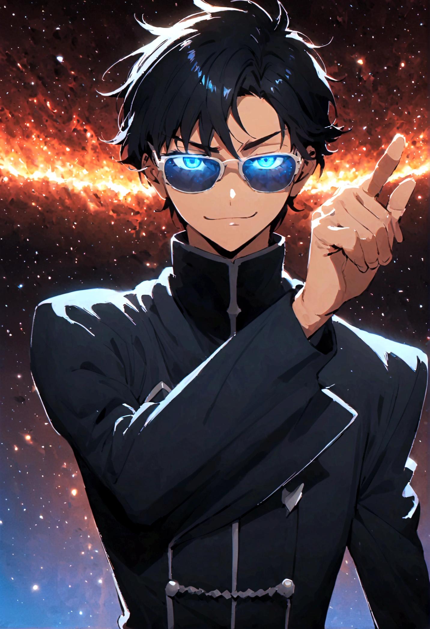 Anime  boy who has Black hair with glowing blue eyes that looks like gojo's eyes wearing Jujutsu high uniform first finger crossed over the middle as he takes off his sunglasses while smirking as his eyes glowing blue and looks so rare background a space with a black hole behind him as he float in the space 