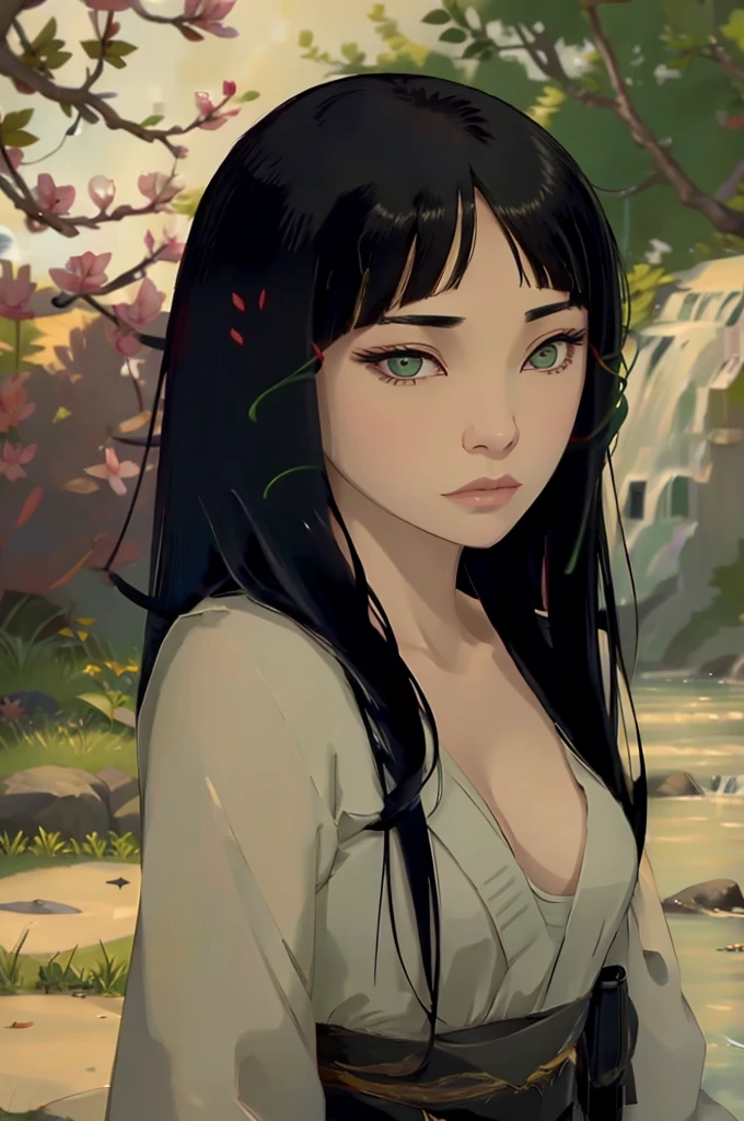 black hair with bangs green eyes Asian,seducing gaze