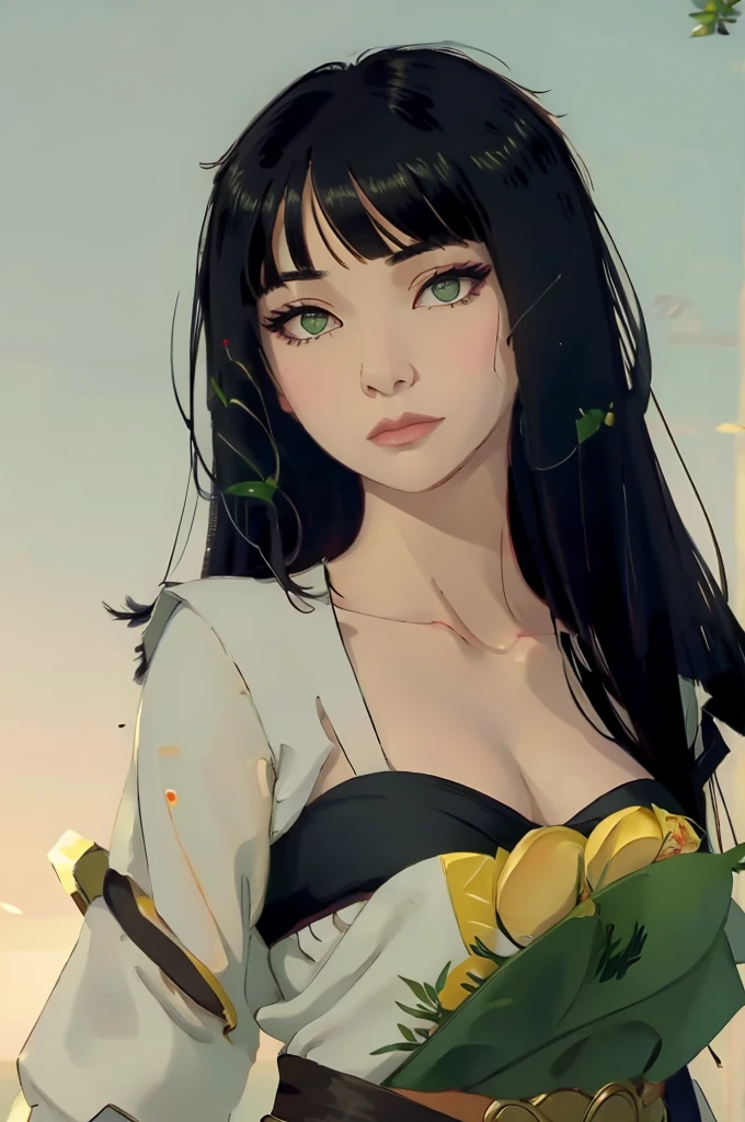 black hair with bangs green eyes Asian,seducing gaze