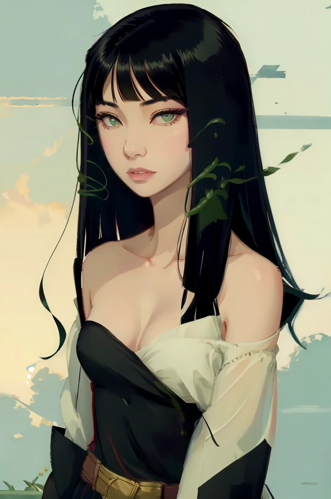 black hair with bangs green eyes Asian,seducing gaze