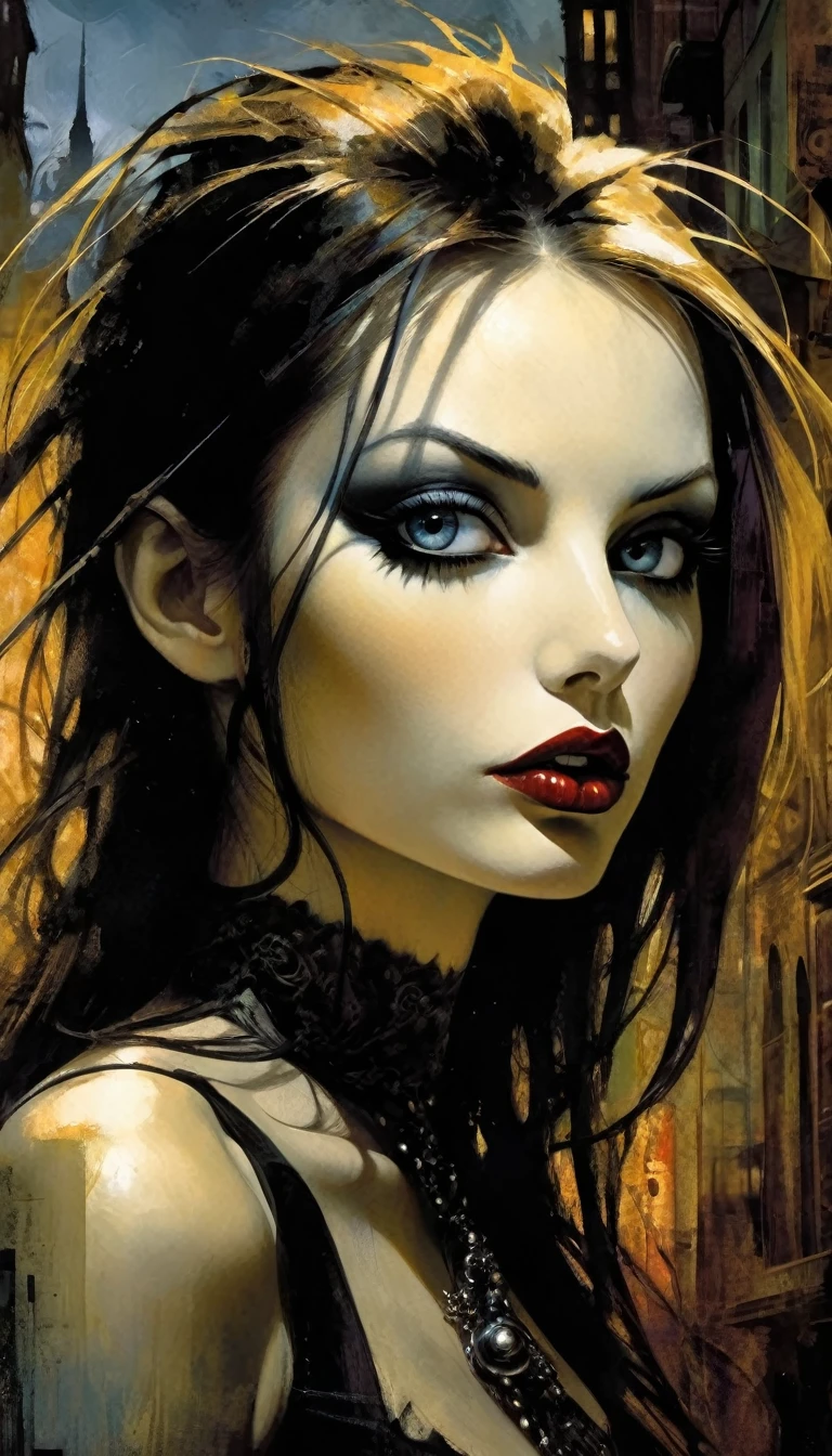 a sexy girl with a punk-gothic appearance and long hair, in the streets of the city of vampires:1.5 , very sexy, (art inspired by Bill Sienkiewicz, oil painting) black and white image (best quality,4k,8k,highres,masterpiece:1.2),ultra-detailed,(realistic,photorealistic,photo-realistic:1.37),intricate details,vivid colors,sharp focus,professional,Dave McKean artwork, oil touch of surrealism,oil painting style,portrait,woman,beautiful detailed eyes,beautiful detailed lips,dreamlike atmosphere,shadow play,soft lighting,playful pose,dark hues,ethereal background,fantasy elements,texture,layered composition.