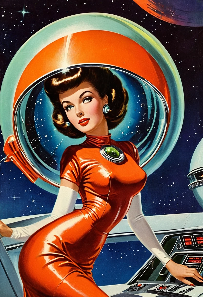 Retro futuristic, ((retro futurism)), ((Science fiction)), 1950s, (((1960s))), 1970s, (alien women),