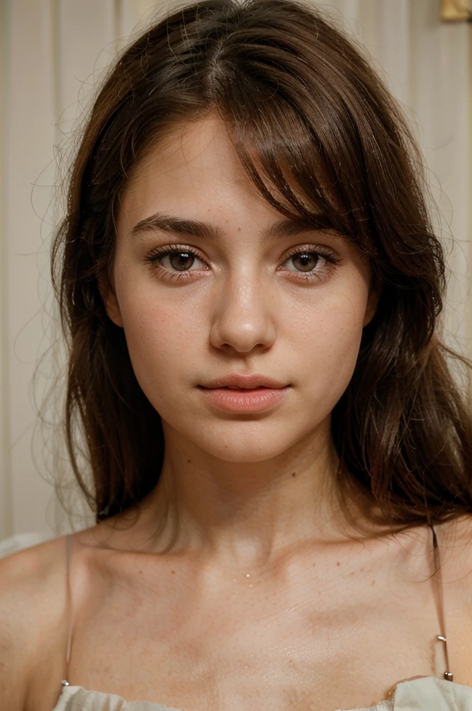 to generate a hyper-realistic image of the face of an 18 year old girl of European and American descent with perfect, well lined eyes and brown eyes, with brown hair, beautiful delicate lips and a thin, upturned nose, straight hair, tender and delicate face, kind, innocent, innocent look, delicate, tender face without imperfections, symmetrical and extremely proportionate and perfect.
