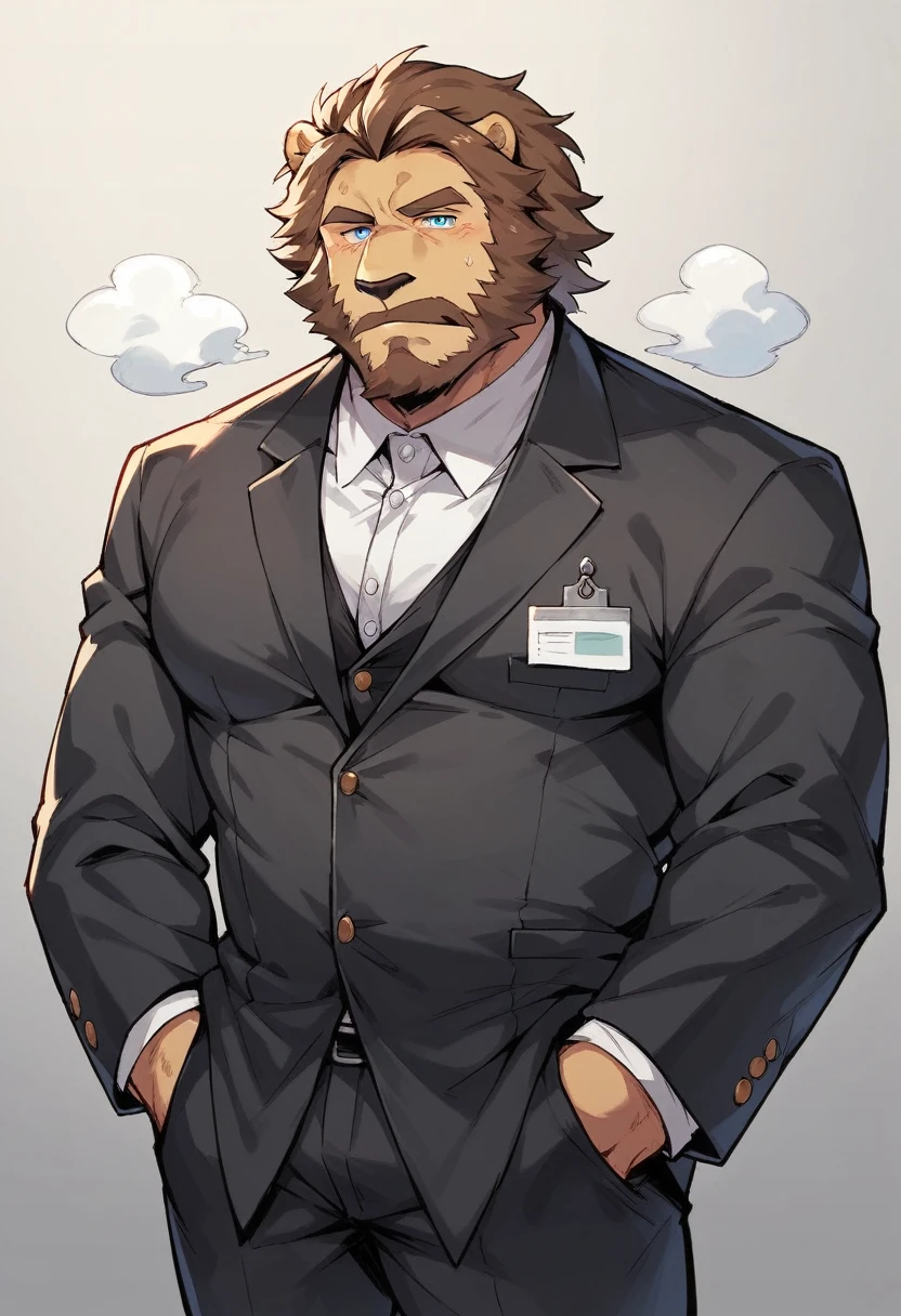 lion，personification，Mature male，Bad Uncle，Beard，Cold expression，Blue pupils，Brown eyebrows，Black suit suit，Hands in pockets，The Age of Steam，Hospital Office。
