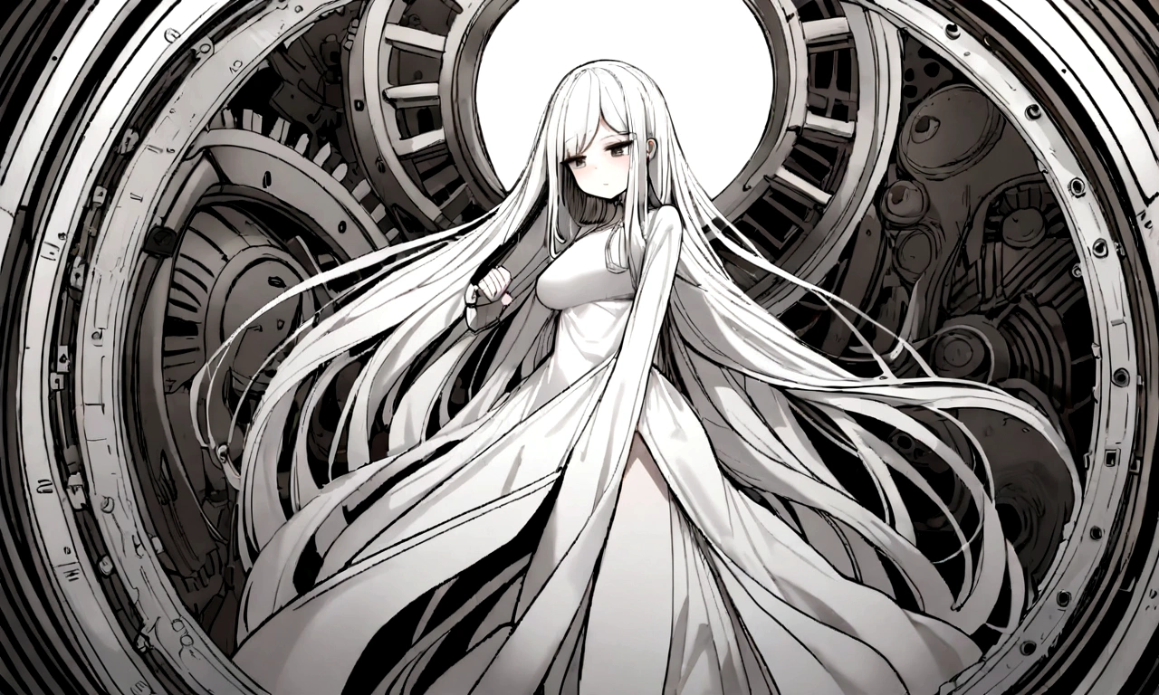 black and white drawing, giant clockwork background, beautiful woman 1, white long straight hair, white hair, wearing a white dress, get sucked in, dragged into a machine, dragged by the machine, seep into the machine
