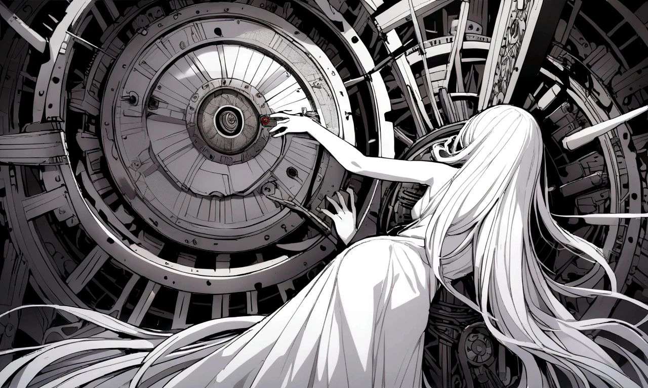 black and white drawing, giant clockwork background, beautiful woman 1, white long straight hair, white hair, wearing a white dress, get sucked in, dragged into a machine, dragged by the machine, seep into the machine