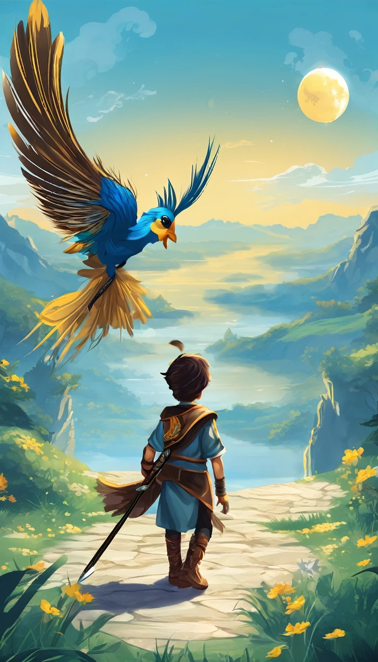Create a minimalistic, simple, fantastic, easy to understand, logo design of a boy and a feather for an upcoming Fantasy Role Playing Game called " Penamemoria". The game is about a world full of bird and feathers. A boy enters that world and discovers his true artistic identity. Create a logo design that transmits the essence of this videogame. It´s a fantasy game, with fantasy elements. Create the logo in the center and a fantasy theme as background. Use the colours light blue, white, yellow golden in the logo. The logo design must convey a sense of fantasy, dreams, memories and music. Must convey a feeling of being a true Dreamer
