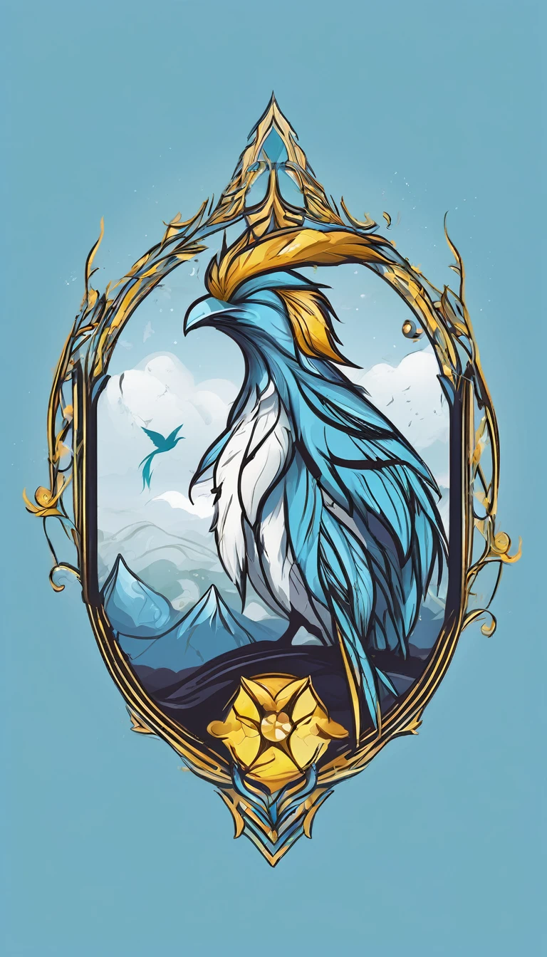 Create a minimalistic, simple, fantastic, easy to understand, logo design of a boy and a feather for an upcoming Fantasy Role Playing Game called " Penamemoria". The game is about a world full of bird and feathers. A boy enters that world and discovers his true artistic identity. Create a logo design that transmits the essence of this videogame. It´s a fantasy game, with fantasy elements. Create the logo in the center and a fantasy theme as background. Use the colours light blue, white, yellow golden in the logo. The logo design must convey a sense of fantasy, dreams, memories and music. Must convey a feeling of being a true Dreamer