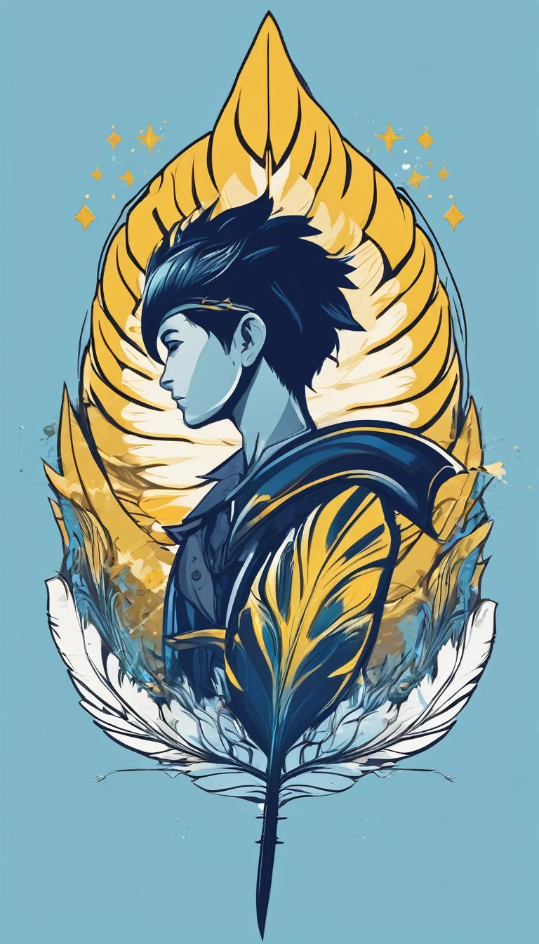 Create a minimalistic, simple, fantastic, easy to understand, logo design of a boy and a feather for an upcoming Fantasy Role Playing Game called " Penamemoria". The game is about a world full of bird and feathers. A boy enters that world and discovers his true artistic identity. Create a logo design that transmits the essence of this videogame. It´s a fantasy game, with fantasy elements. Create the logo in the center and a fantasy theme as background. Use the colours light blue, white, yellow golden in the logo. The logo design must convey a sense of fantasy, dreams, memories and music. Must convey a feeling of being a true Dreamer