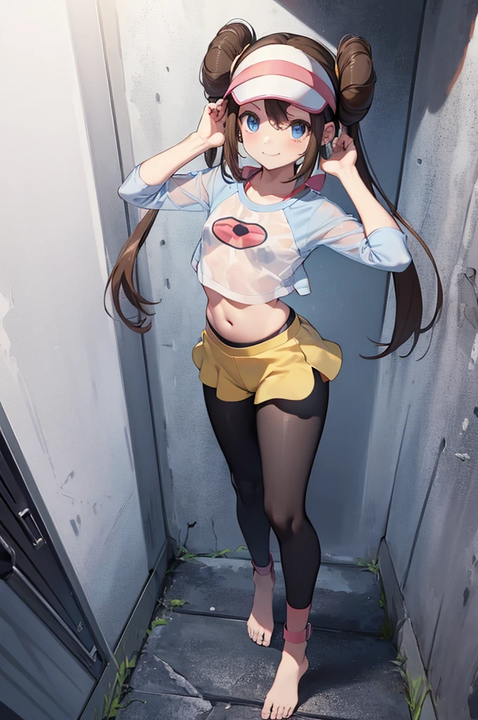 ro1, hair bun, blue eyes, twintails, visor cap,hip hang pantyhose, raglan sleeves, hip hang yellow shorts,(hip hang:1.2), (Low-rise:1.2),sexy pose, bewitching pose,(shirt,erect nipples:1.3,see-through:1.3),pink bow, wristWatch、Highest quality,smile、(flat chest:1.5)、barefoot、(full body:1.2)、Waterfront,river