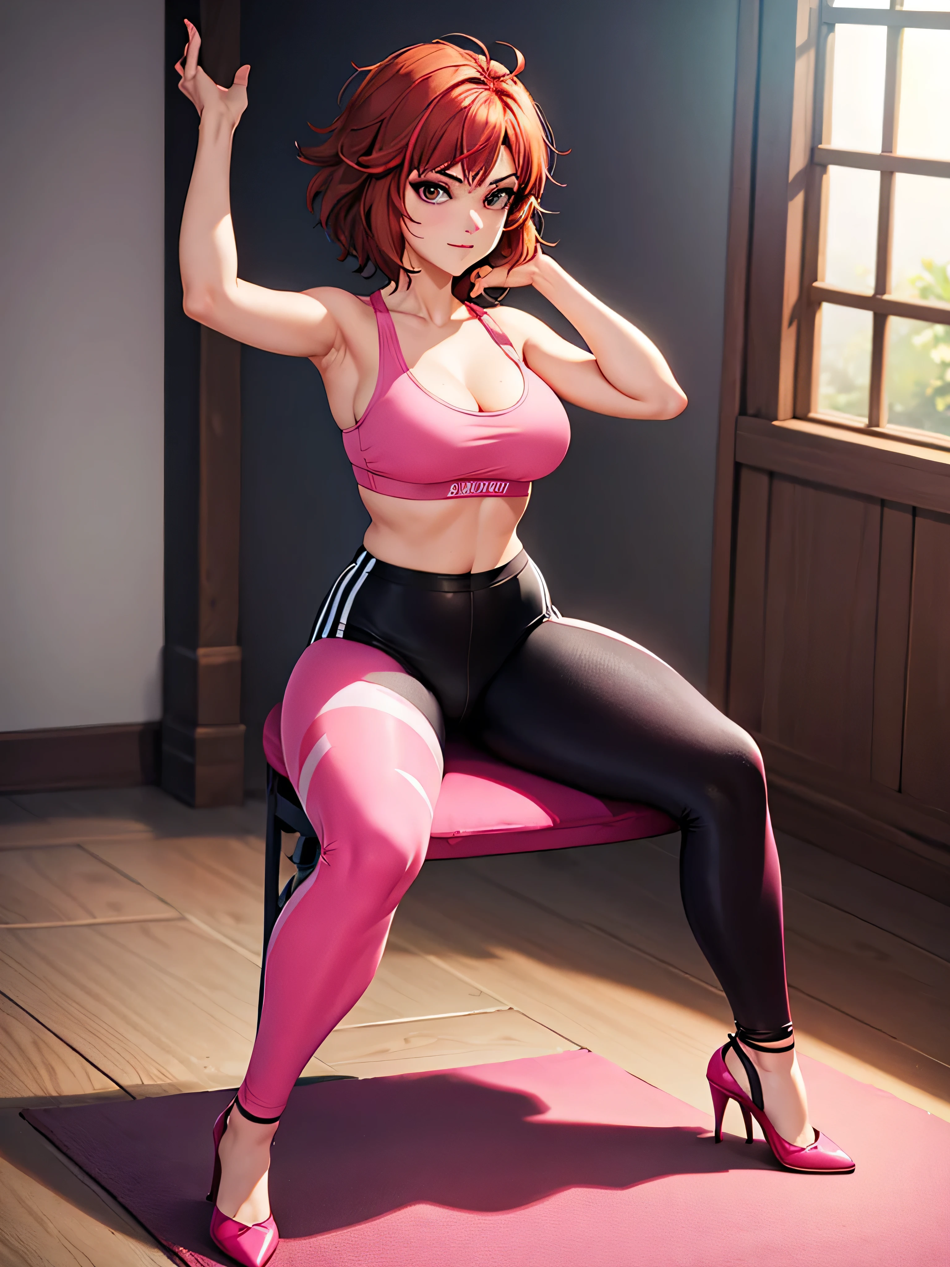merula, sexy pose, pink high heels, sexy sport bra, yoga adidas pants, full body, thighs, sitting pose