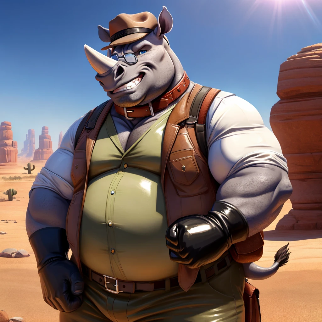 Male, fat, extremely obese, Rhinoceros, blue eyes, (posing:1.3), (soft shading), 4k, hi res, ((detailed face, detailed)), looking at viewer, evil grin, desert, cactus, shirt, hat, male focus, Explorer Outfit, glasses, pants, bag, vest, backpack, sleeves rolled up, round eyewear, brown headwear, brown vest, Rhinoceros is wearing a glossy leather dog collar around the neck, Rhinoceros is wearing the leather collar and shirt and vest at the same time, Rhinoceros is wearing glossy white rubber gloves on the hands, gloves are rubber in texture, clenching teeth, clenching fists, leather collar is glossy and shiny with a lot of detail, white rubber gloves.